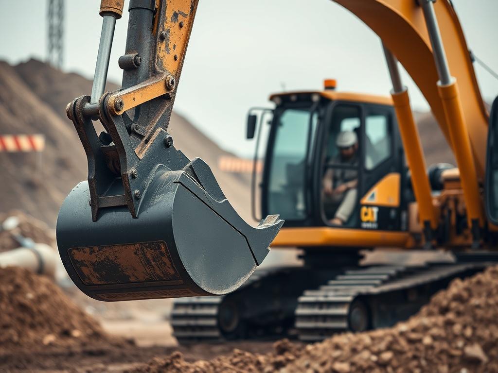 A high-resolution close-up shot of an excavator in action, showcasing the operator skillfully maneuvering the arm and bucket. The background should include a construction site with dirt piles and materials, slightly blurred to emphasize the machine's details. Capture the essence of power and precision in this image, with the rgb(50, 170, 39) color scheme subtly integrated into the site.