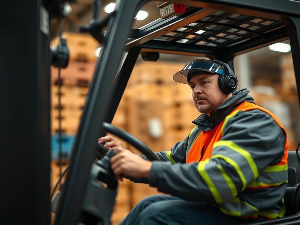 A hyper-realistic close-up shot of a skilled operator meticulously maneuvering a forklift in a warehouse environment. The forklift should be prominently displayed, highlighting its features, with crates and pallets in the background. Use a shallow depth of field to focus on the operator's concentration, with the warehouse slightly blurred. The image should evoke a sense of professionalism and expertise, with the primary color scheme incorporating rgb(50, 170, 39) in the background.