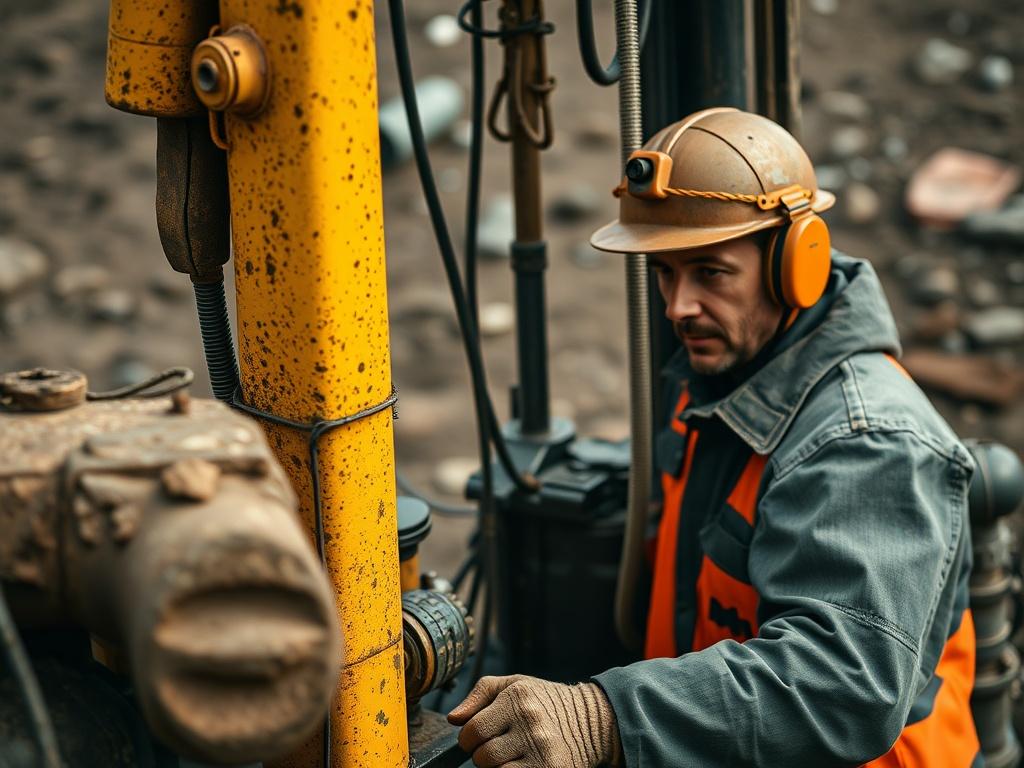 A hyper-realistic close-up shot of a drill rig in operation, with the operator focused on controlling the machinery. The background should depict a drilling site with soil and rocks, slightly out of focus to highlight the drill rig's features. The image should convey a sense of strength and technical skill, with the rgb(50, 170, 39) color palette subtly integrated.