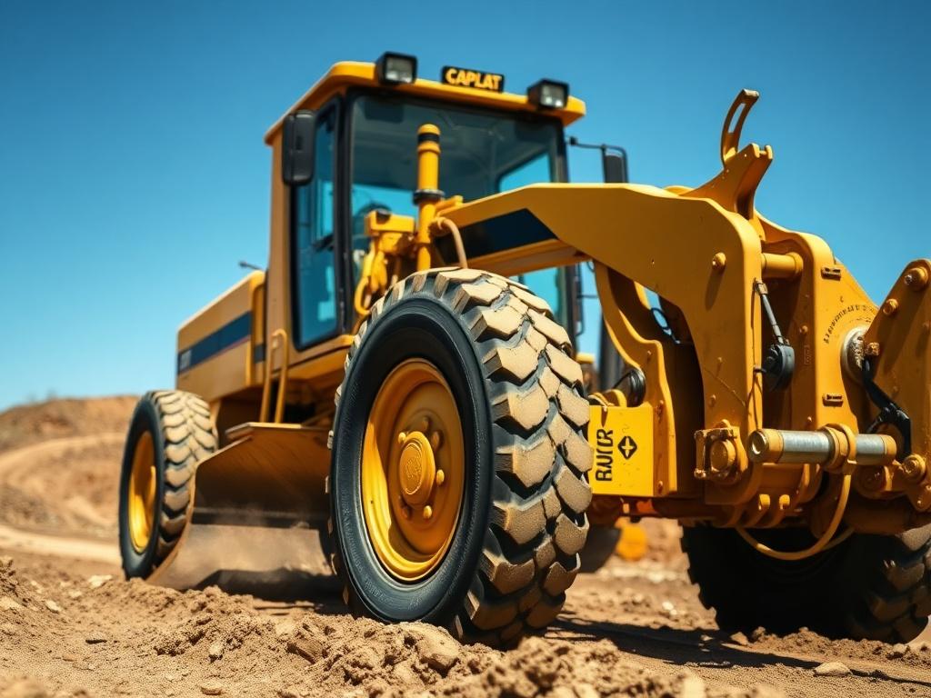 Create a realistic high-resolution photo of a motor grader in action, focusing on a close-up shot that highlights its details. The machine should be prominently displayed in the foreground, showcasing its large blade and wheels. The background should depict a construction site with partially graded earth, under a clear blue sky. Use a shallow depth of field to create a soft blur in the background while keeping the motor grader sharp and in focus. The color scheme should harmonize with rgb(50, 170, 39) as th