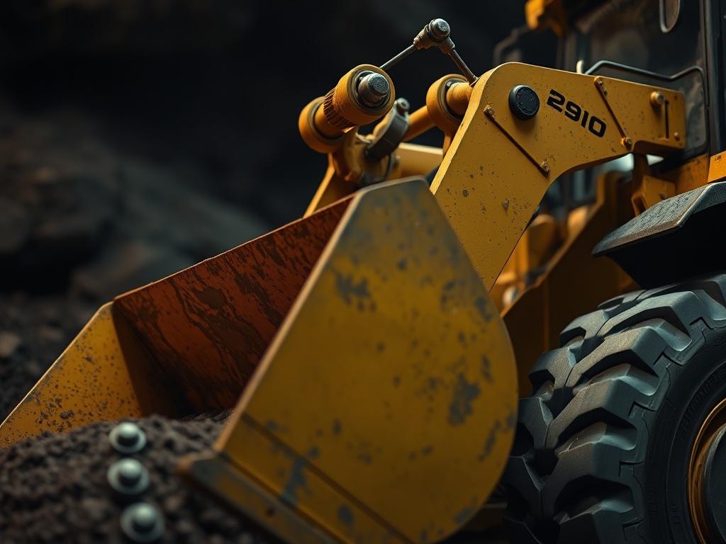 A hyper-realistic close-up shot of an underground loader in action, focusing on the bucket lifting material from a dark underground mine. The machine is detailed, showcasing its robust structure and hydraulic features. The background should be slightly blurred to emphasize the loader, with subtle lighting that highlights its metallic surfaces. The primary color theme should reflect rgb(50, 170, 39) to create a cohesive look.