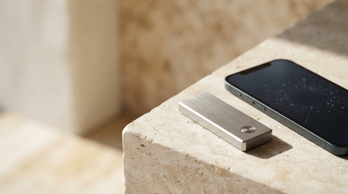 Ledger hardware wallet and phone in warm natural light