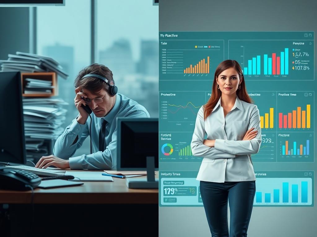 Create a highly realistic, high-resolution image that visually represents the concept of "Reactive vs. Proactive Service." The composition should be simple and clear, featuring a single subject that encapsulates the essence of these two approaches to service. 

**Subject Matter**: Depict a split scene, with one half representing reactive service and the other proactive service. On the reactive side, illustrate a customer service representative at a desk, looking stressed and hurried, surrounded by a clutter