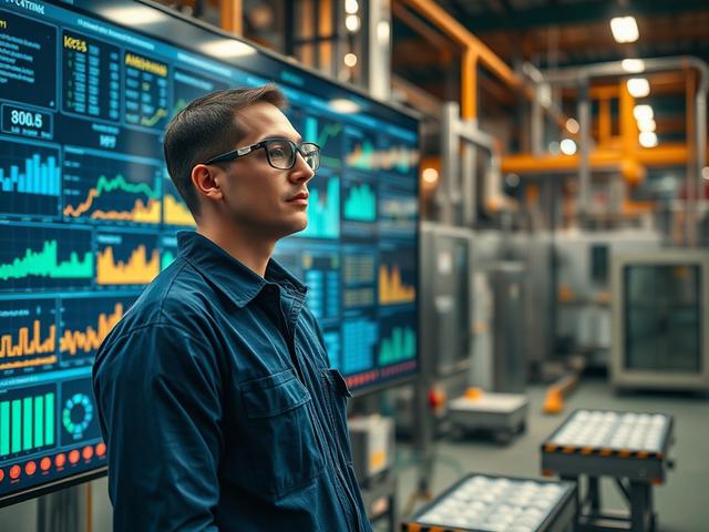 **AI Image Generation Prompt:**

Create a hyper-realistic, high-resolution close-up shot of a modern manufacturing control room in a Food & Beverage (F&B) production facility. The composition should focus on a single, engaged technician in front of a large digital display that showcases live data analytics and remote support tools. The technician, wearing a blue work shirt and safety glasses, should appear focused and professional, actively analyzing data on a screen that is filled with graphical representa