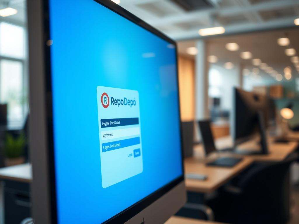 A close-up shot of a computer screen displaying the Repo Depo login page, with a focus on the user interface and vibrant colors. The background should be a modern office setting, creating a professional atmosphere. The image should reflect technology and efficiency in the repossession process.