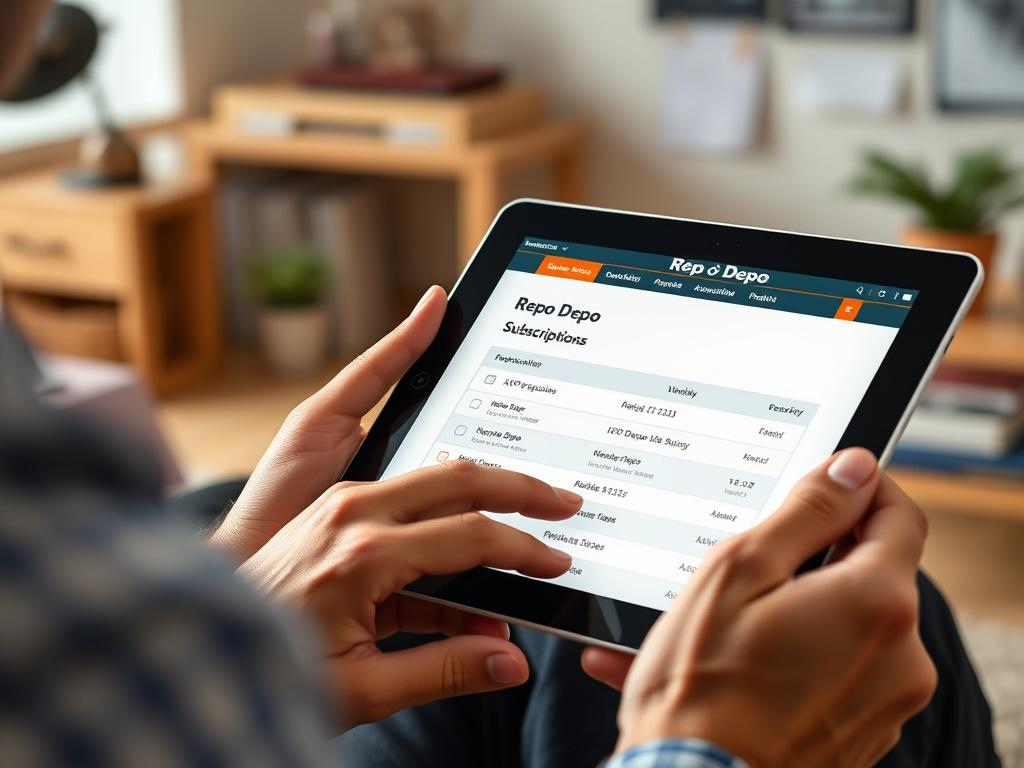 A close-up shot of a repossessor reviewing job listings on a tablet, with the Repo Depo subscription page displayed. The background should include elements of a home office, showcasing a professional setting. The image should reflect the flexibility and convenience of accessing repossession jobs online.