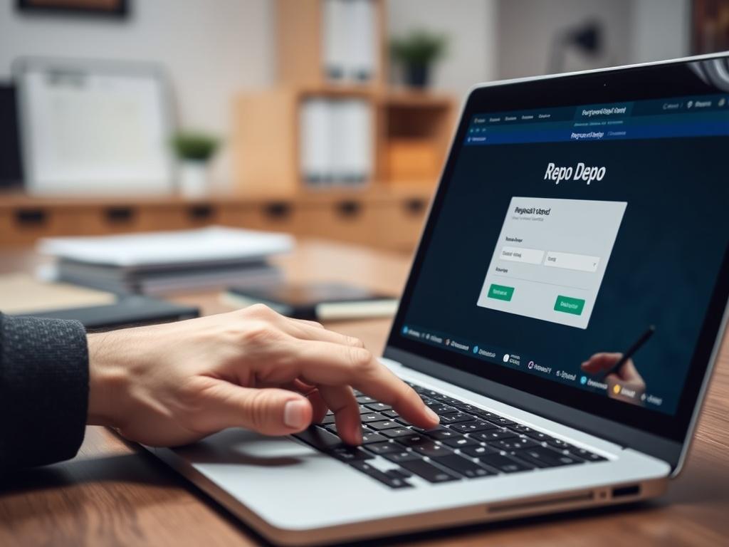 An image of a hand typing on a laptop keyboard, with the Repo Depo request posting page visible on the screen. The background should feature a clean and organized office space, emphasizing productivity and focus. The image should convey the ease of posting repossession requests online.