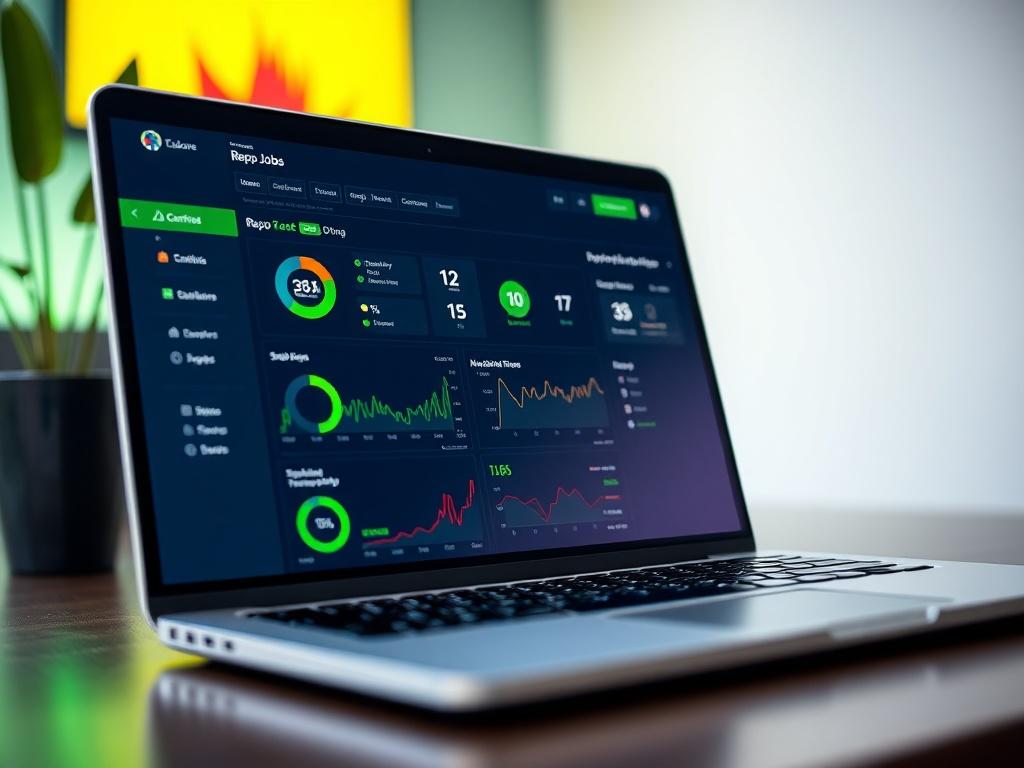 A close-up shot of a laptop screen displaying a user-friendly dashboard of a repo management system, with vibrant green accents. The background is blurred, emphasizing the laptop and its screen, showcasing colorful graphs and statistics related to repo jobs.