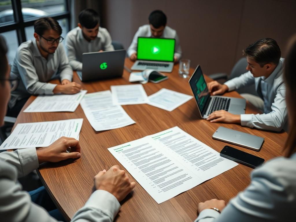 A close-up shot of a team meeting around a conference table with documents and laptops open, displaying a collaborative repo strategy, with green highlights in the documents, creating a professional atmosphere.