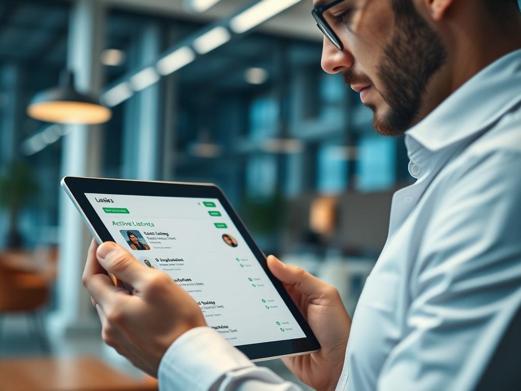 A close-up shot of a professional looking at a tablet displaying repo job listings, with a stylish office environment in the background. The tablet screen shows active listings and engagement features, highlighted with green elements for visual appeal.