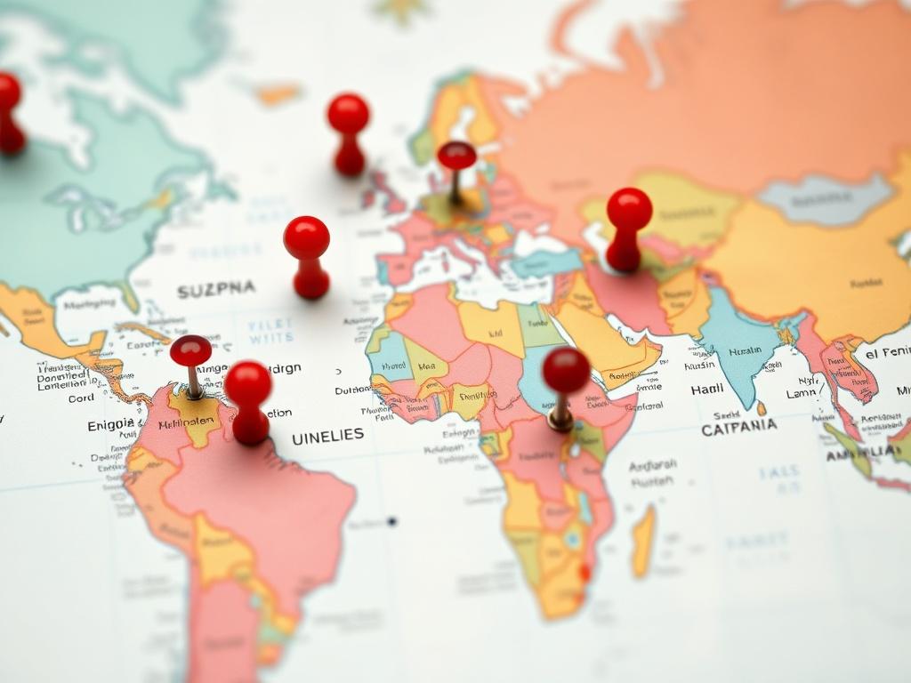 A close up shot of a world map highlighting various