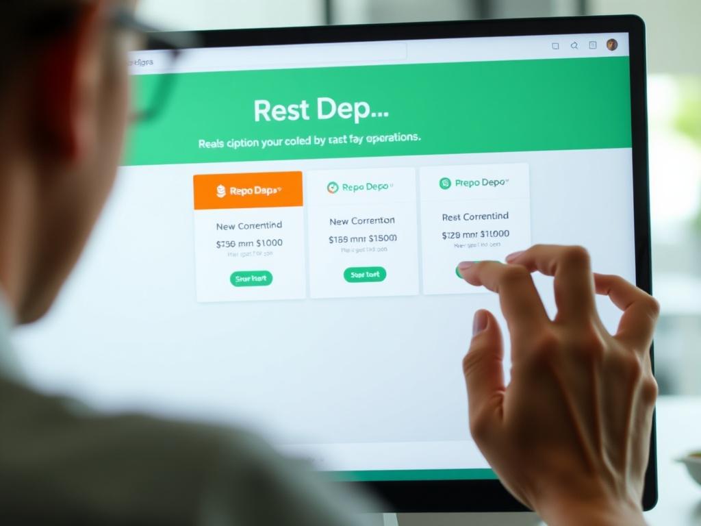 A close-up shot of a computer screen displaying the Repo Depo subscription options, with a person contemplating their choice. The image conveys a sense of decision-making and opportunity.