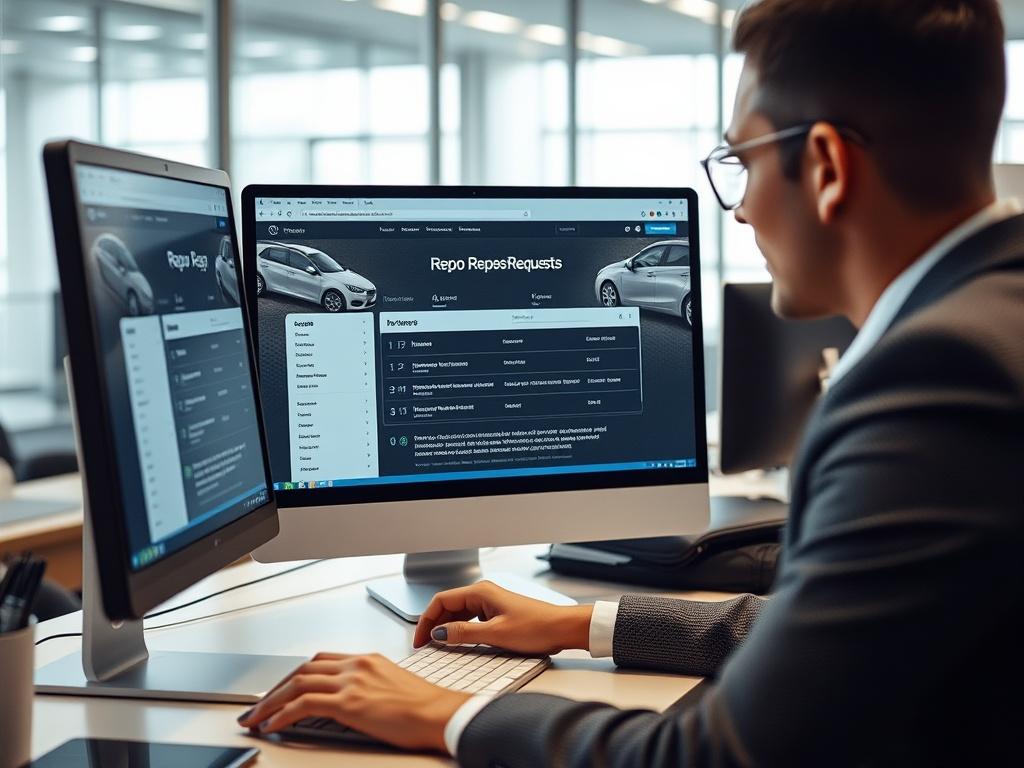 A close-up shot of a bank employee using a computer to post repossession requests on a website. The setting includes a modern office background with soft lighting, showcasing the computer screen displaying the Repo Depo interface.