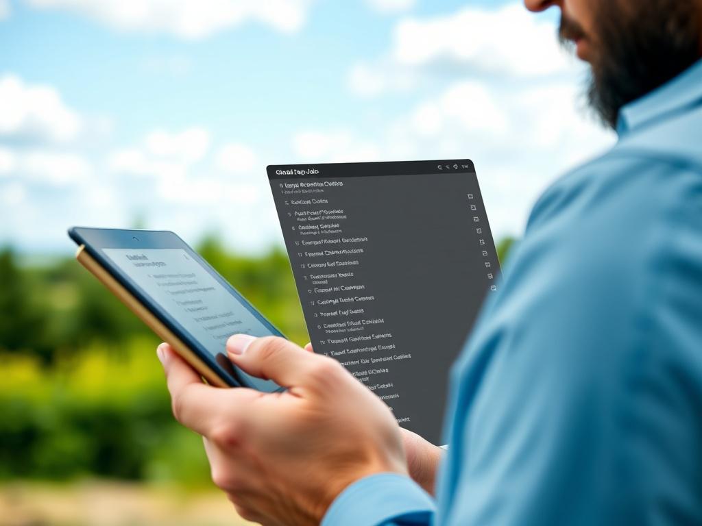 A repossessor browsing a list of global repo jobs on a tablet in an outdoor setting. The background features a clear sky and greenery, representing the vast opportunities available.