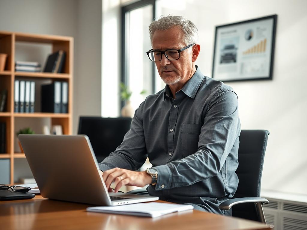 Create a realistic high-resolution photo that captures the essence of a blog titled "Understanding Repossession Trends." The image should focus on a serene office environment with a single subject: a professional repossession agent. The agent, a middle-aged Caucasian man, is seated at a modern desk, reviewing repossession data on a laptop. He is dressed in business casual attire— a button-up shirt and slacks— exuding a sense of professionalism and competence.

The background should be simple and clear, feat