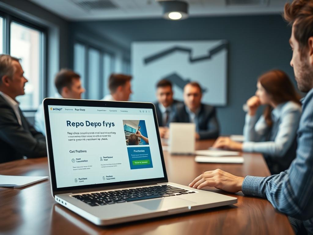 A close-up shot of a professional meeting in progress, with individuals discussing repossession strategies around a conference table. The Repo Depo website can be seen on a laptop in the foreground, showing the Premium Plan features. The image should be bright and engaging, reflecting a high-energy business environment, with a color palette harmonizing with rgb(50, 170, 39).