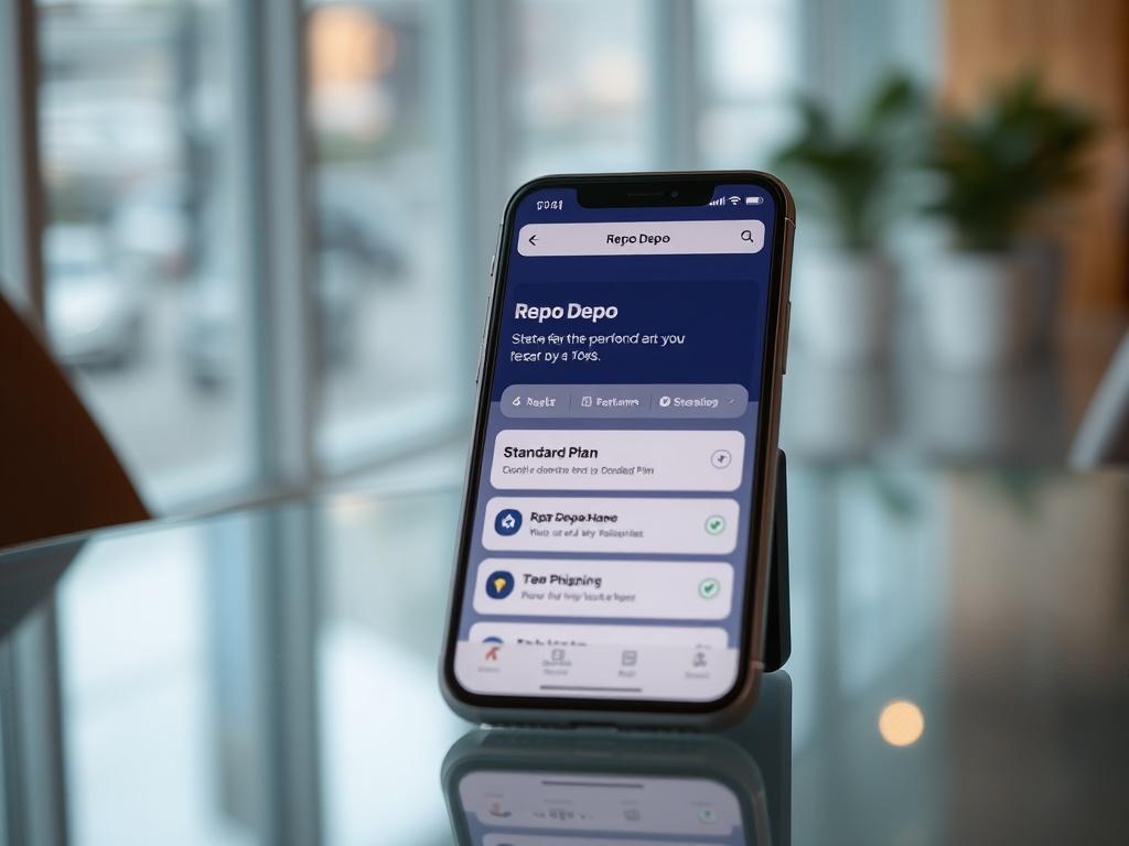 A close-up shot of a smartphone displaying the Repo Depo app interface, set on a sleek glass table. The background should be out of focus, emphasizing the app features related to the Standard Plan. The color scheme should align with the rgb(50, 170, 39) primary color of the website, giving a tech-savvy and modern appearance.