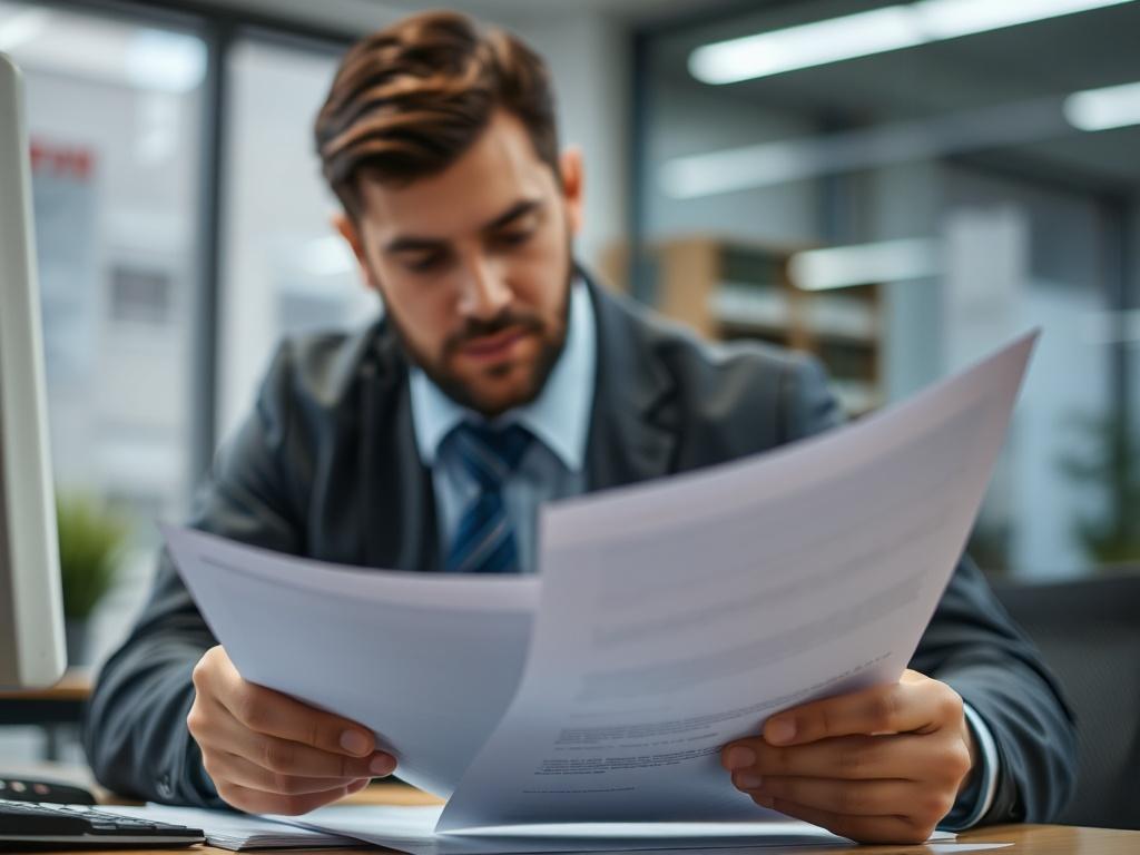 Create a realistic high-resolution photo featuring a close-up shot of a repossession agent reviewing documents in an office environment. The agent is focused on the paperwork, with a blurred background of a desk and a computer. The lighting is bright and professional, emphasizing the seriousness of the task. Ensure the image reflects a sense of organization and clarity.