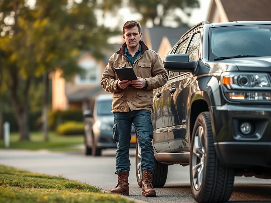 **AI Image Generator Prompt:**

Create a highly realistic, high-resolution image that captures the essence of a repossessor in the repo industry. The composition should be simple and clear, focusing on a single subject: a repossessor in practical attire, such as a utility jacket and work boots, standing confidently next to a repossessed vehicle. The repossessor should display a determined and professional demeanor while holding a clipboard or tablet that signifies their role in tracking assets.

In the back