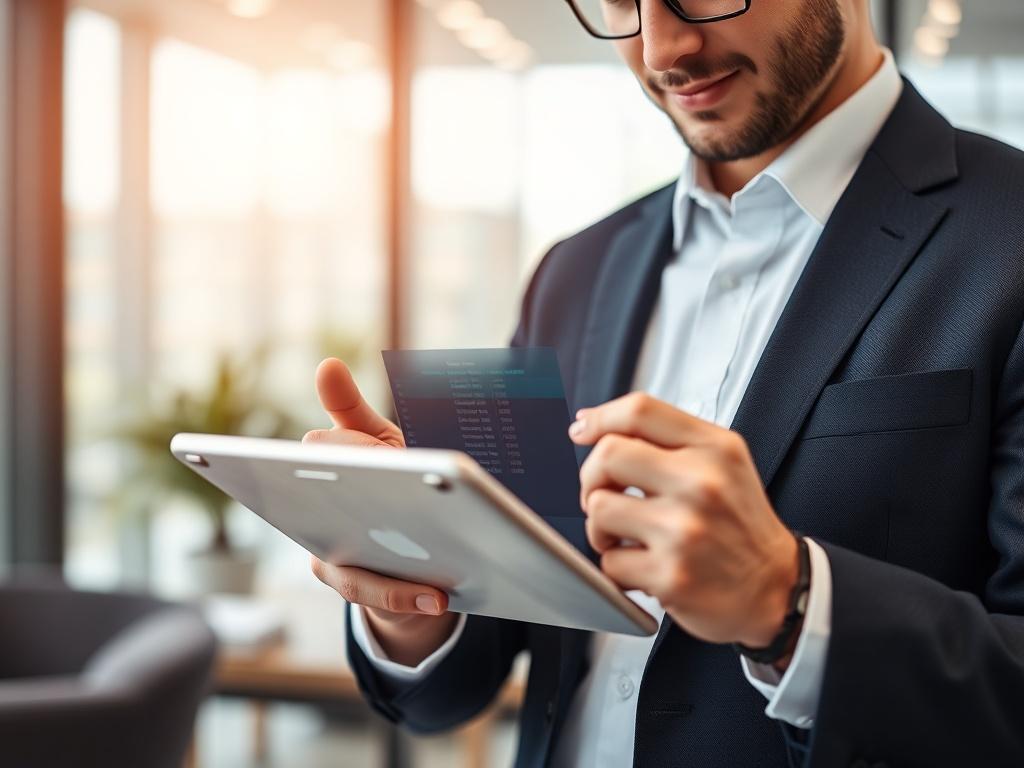 A close-up shot of a professional in a suit confidently reviewing repo job data on a tablet, with the Repo Depo platform visible. The background should be a sleek, modern office environment that conveys success and professionalism. Integrate the primary color theme of rgb(50, 170, 39) into the tablet's display. Focus on the professional and the tablet, maintaining a clear and compelling composition.