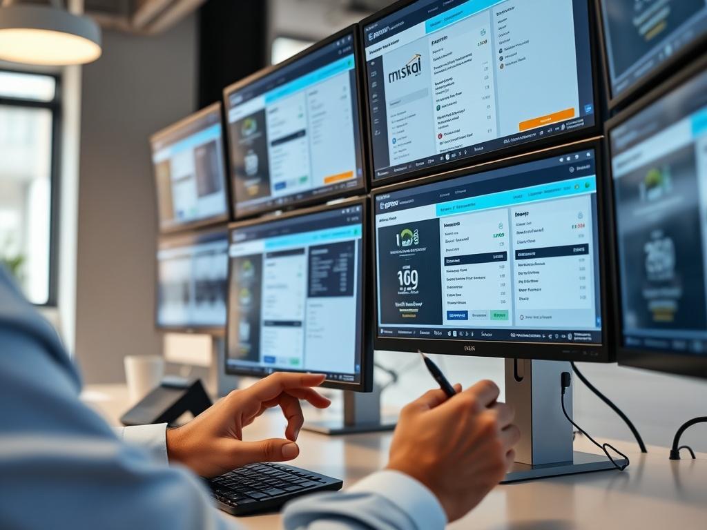 A close-up shot of multiple screens displaying the Repo Depo platform in action, showcasing various repo jobs being posted and managed. The setting should be a modern office with a bright and inviting atmosphere. Ensure the primary color theme of rgb(50, 170, 39) is present in the screen designs. Focus on the screens and the hands of professionals working on them, keeping the composition clear and engaging.