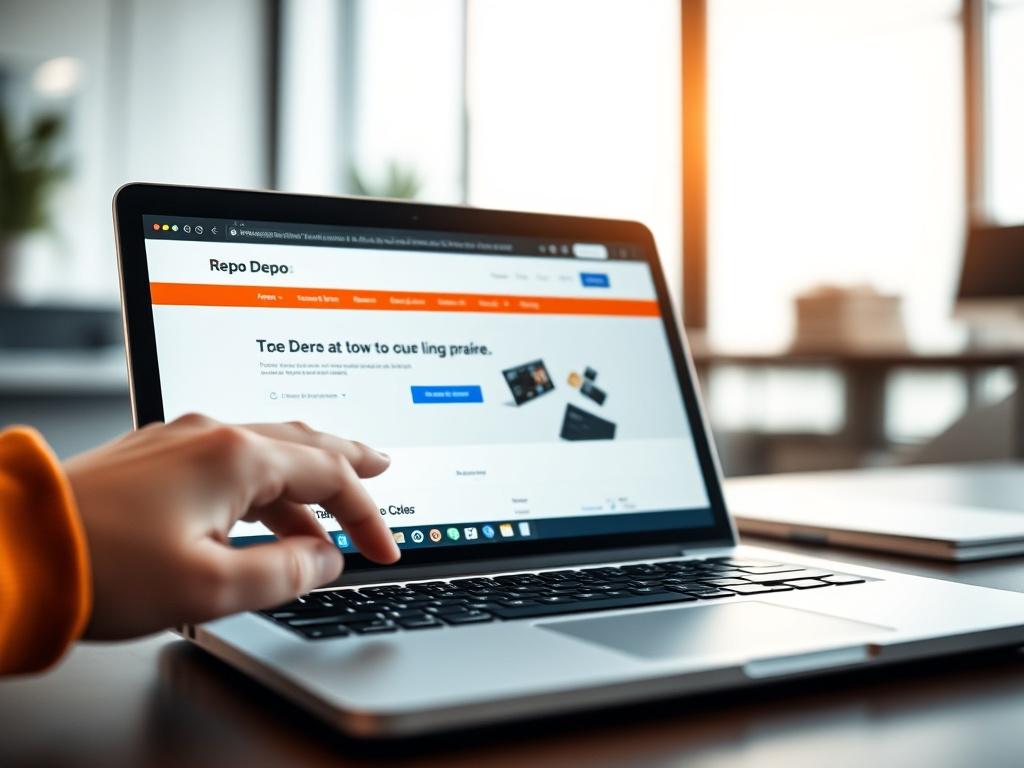 A close-up shot of a laptop displaying the Repo Depo website, with a hand hovering over the keyboard. The background should be a simple office setting, softly lit to create a professional atmosphere. The primary color theme of rgb(50, 170, 39) should be subtly incorporated into the screen design, reflecting the brand's identity. Focus on the laptop and hand as the primary subjects, keeping the composition clear and straightforward.