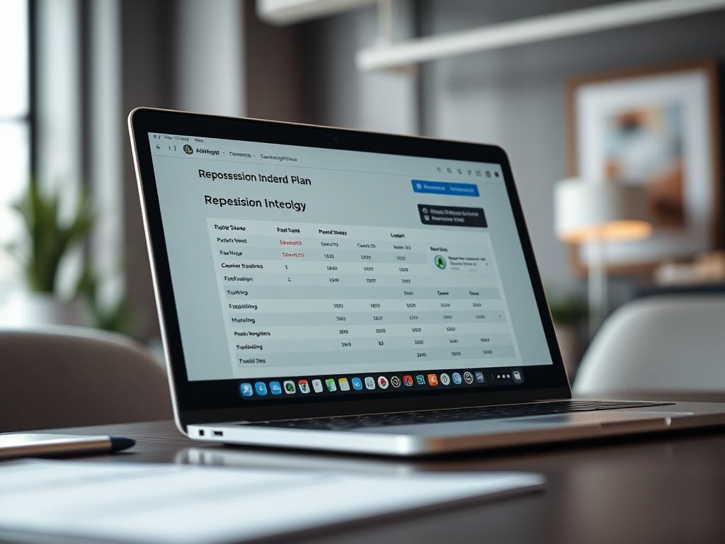 A close-up of a digital subscription plan on a laptop screen, showcasing a vibrant interface. The background should be a modern office setting, emphasizing a professional atmosphere. The laptop should be sleek and contemporary with a soft focus on the screen, displaying the plan details clearly. Natural light should illuminate the scene, highlighting the importance of technology in the repossession business.
