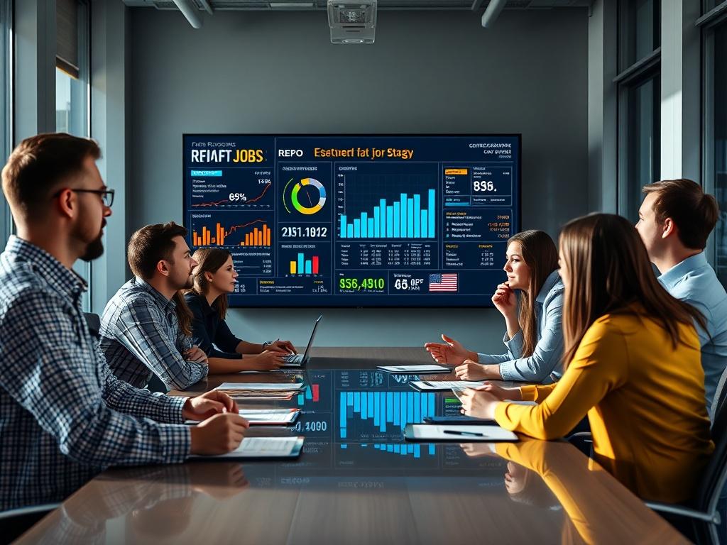 A dynamic team meeting in a modern conference room, discussing repo job strategies. A large screen displays job statistics, and team members are engaged in conversation. The focus should be on collaboration and teamwork, with a professional setting highlighted by natural light. The image should convey a sense of urgency and opportunity in the repossession industry.
