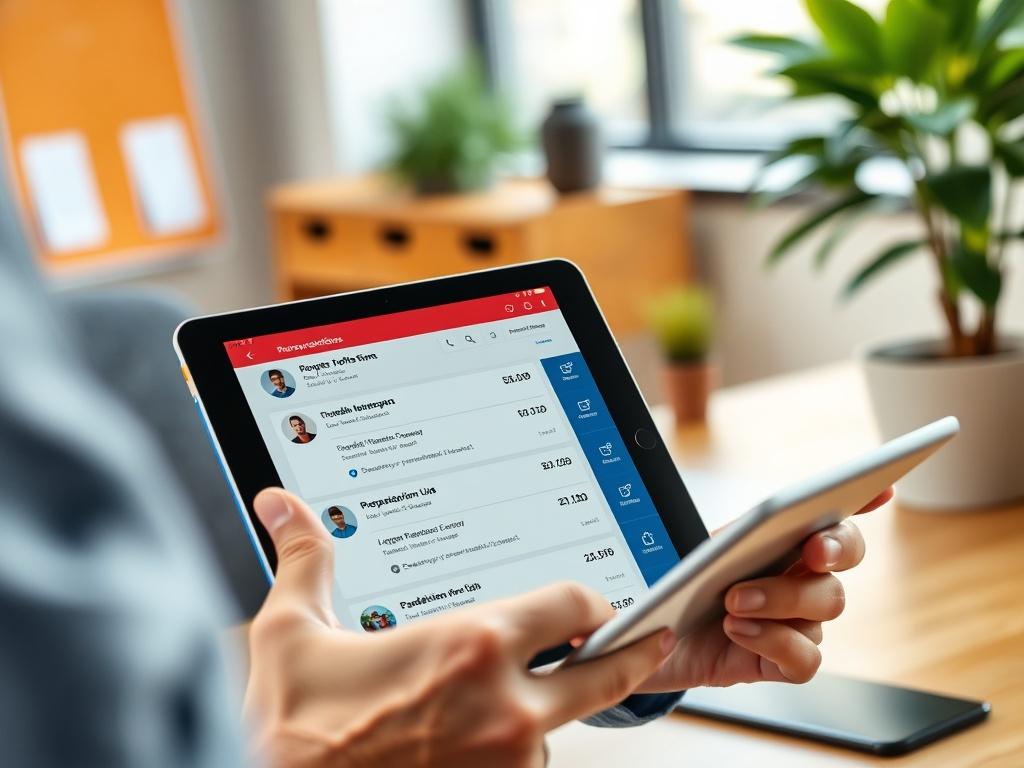 A vibrant workspace featuring a repossession professional reviewing job postings on a tablet. The tablet displays notifications and job listings prominently. The background should include modern office elements like a desk and a plant, creating an inviting atmosphere. The focus should be clear and bright, emphasizing the importance of staying connected in the repossession industry.