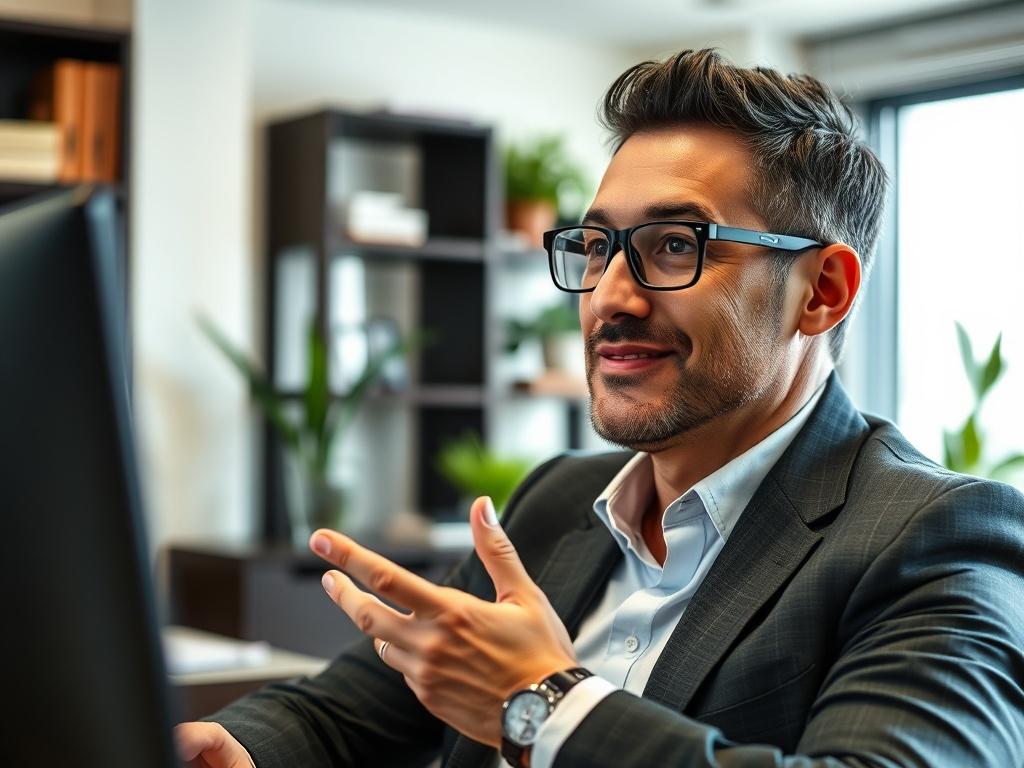 A close-up shot of a confident repossessor in a stylish office setting, engaged in a video call with a mentor or consultant. The background should reflect professionalism, with elements like a desk, bookshelves, and plants subtly incorporating the color green. The lighting should be bright and energetic, emphasizing the dynamic nature of the conversation. This image should convey a sense of ambition and leadership in the repossession industry.