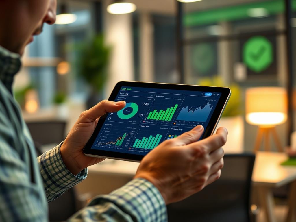 A close-up shot of a repossessor analyzing data on a digital tablet, with graphs and repo job statistics displayed. The setting should be a modern office environment, showcasing a professional vibe. The background can be slightly blurred to draw attention to the tablet. Bright lighting should illuminate the subject, creating an atmosphere of engagement and focus. Incorporate elements of green in the office decor to align with the brand colors, enhancing the visual appeal.