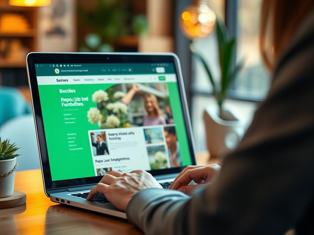A close-up shot of a person browsing a website on a laptop, showcasing a user-friendly interface with repo job listings visible on the screen. The background should be softly blurred, emphasizing the laptop. The lighting should be warm and inviting, capturing a sense of opportunity. The color green should subtly feature in the decor, enhancing the focus on the primary subject. The shot should convey a professional yet approachable workspace atmosphere.