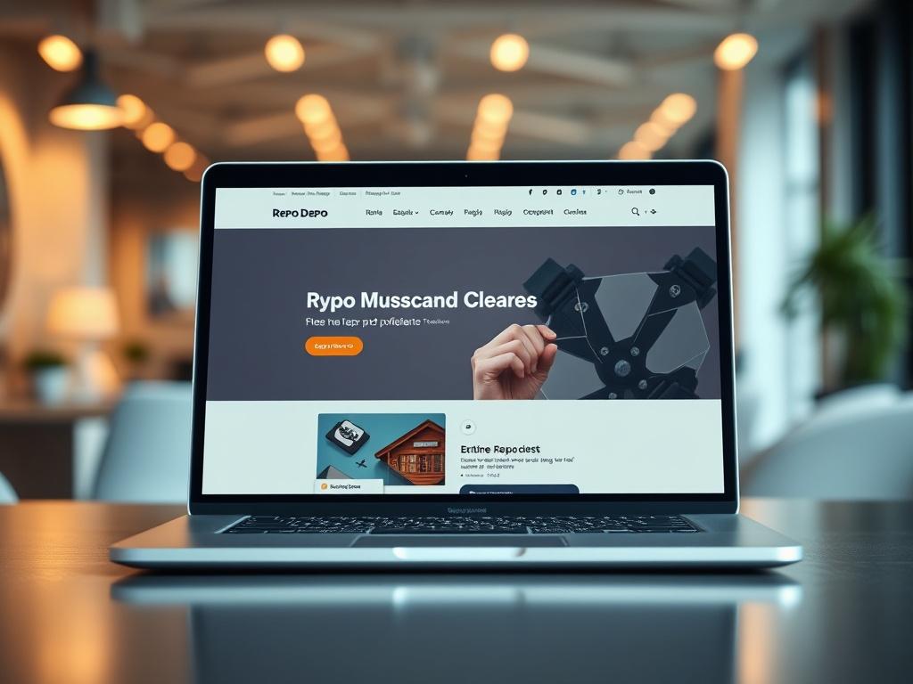 A hyper-realistic close-up shot of a modern laptop displaying the Repo Depo website interface, showcasing a clean and user-friendly design. The background features a subtle, blurred office environment, emphasizing professionalism and technology. The lighting should be bright and inviting, ensuring the laptop screen is clearly visible and detailed. The composition should focus solely on the laptop, capturing its sleek design and the engaging content on the screen.