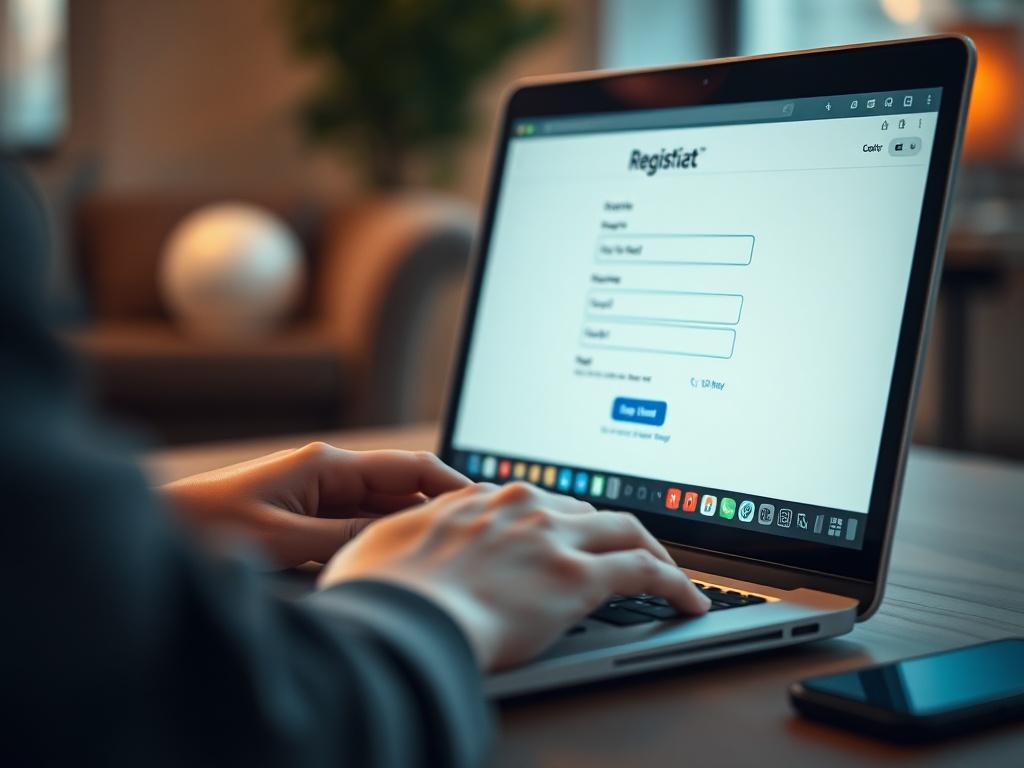 A close-up shot of a person typing on a laptop with a focus on the screen showing a registration form. The background should be soft and blurred, with a warm, inviting atmosphere, highlighting the ease of online registration.