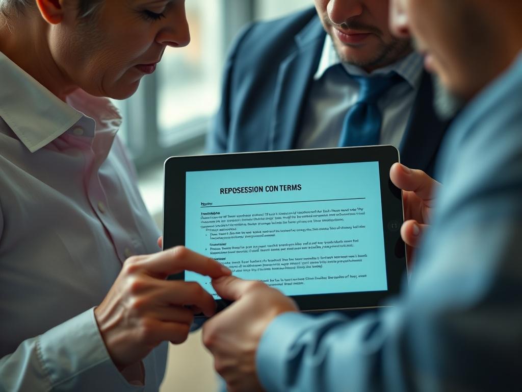 A close-up shot of two professionals discussing repossession terms over a tablet, with a repossession contract displayed on the screen. The background should be softly blurred to highlight their collaboration.