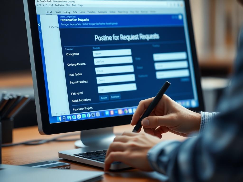 A close-up shot of a computer screen displaying a form for posting repossession requests, with a person thoughtfully filling it out. The background should be subtly blurred, evoking a sense of focus and clarity in the process.
