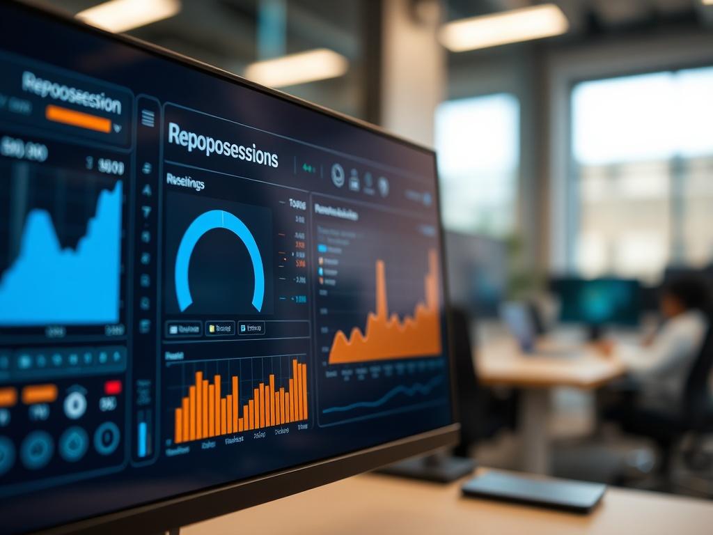 A close-up shot of a high-tech dashboard displaying repossession data, with a sleek, modern interface, set against a blurred background of an office environment. The image should focus on the dashboard with clear graphs and statistics related to repossession, captured in high resolution with a 45mm f/1.2 lens style, emphasizing clarity and professionalism.