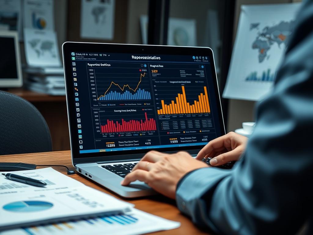 A close-up shot of a professional in an office setting, analyzing repossession statistics on a laptop screen, surrounded by documents and charts. The image should convey a sense of focus and determination, captured in high resolution with a 45mm f/1.2 lens style, ensuring clarity and depth of field, with the emphasis on the screen's data.
