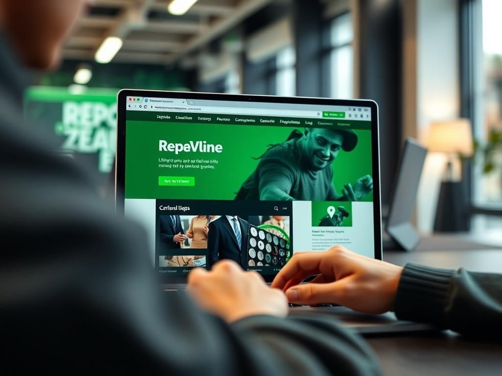A close-up shot of a person using a laptop in a modern office setting, with a green-themed color palette. They are focused on the screen, which displays the Repo Depo website. The background is blurred, emphasizing the user and their interaction with technology.