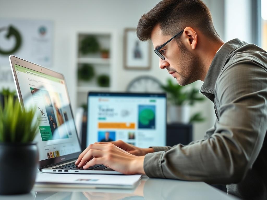 An image of a person sitting at a desk, typing on a laptop with a focused expression, showing the Repo Depo website interface on the screen. The setting is bright and professional, with green accents in the decor.