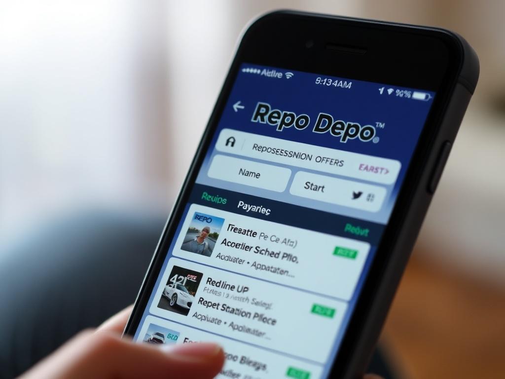 A close-up of a smartphone displaying the Repo Depo app interface, showcasing various repossession offers. The background is soft and inviting, highlighting the app's functionality with green highlights.