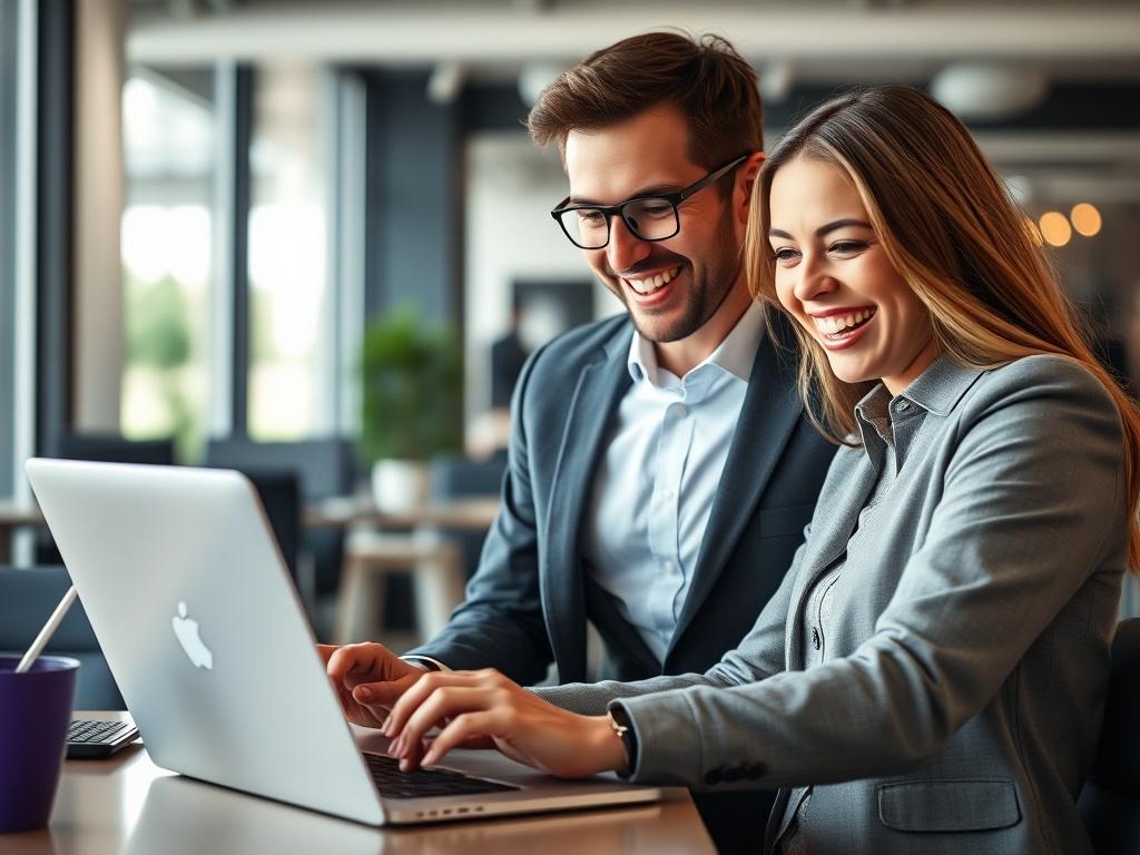 A dynamic shot of a happy professional with a laptop, reviewing repossession listings, with a background of a modern office environment. The image should focus on the person's enthusiasm and engagement with the Repo Depo platform.