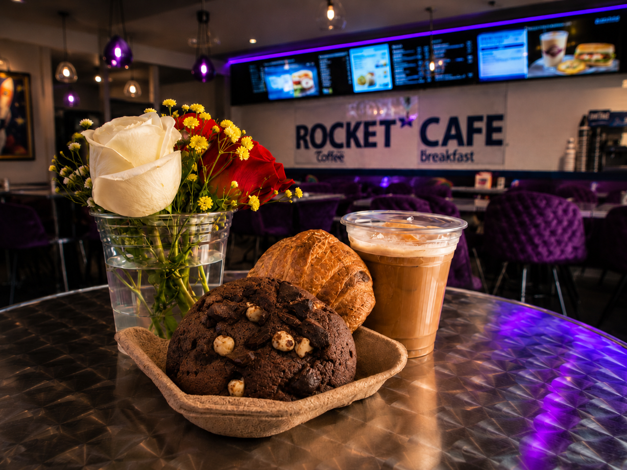 Modern industrial cafe interior with dark charcoal walls, warm lighting, and cozy seating