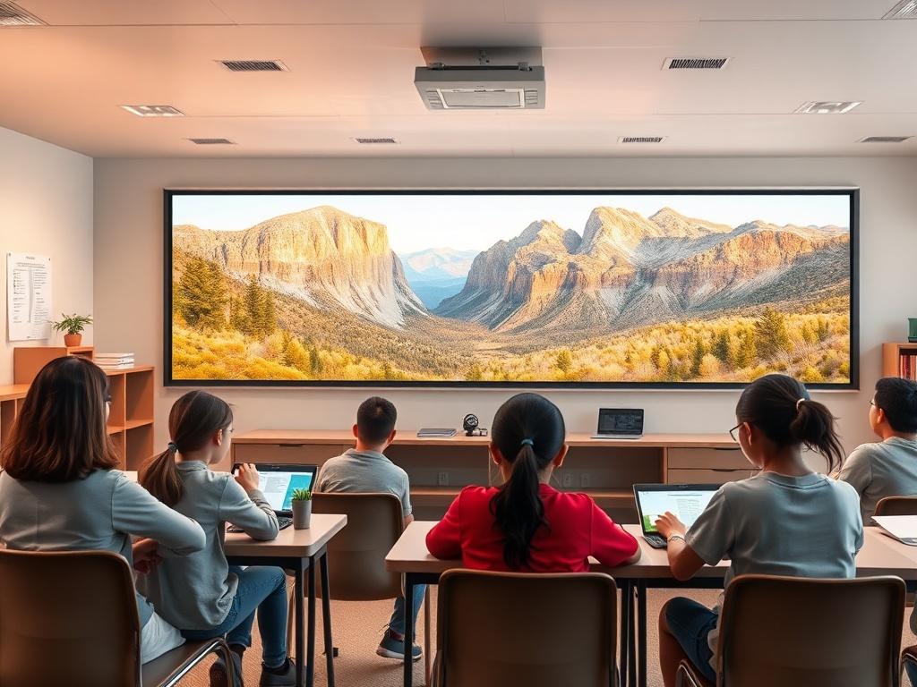 A serene landscape showcasing a virtual classroom setting, with a