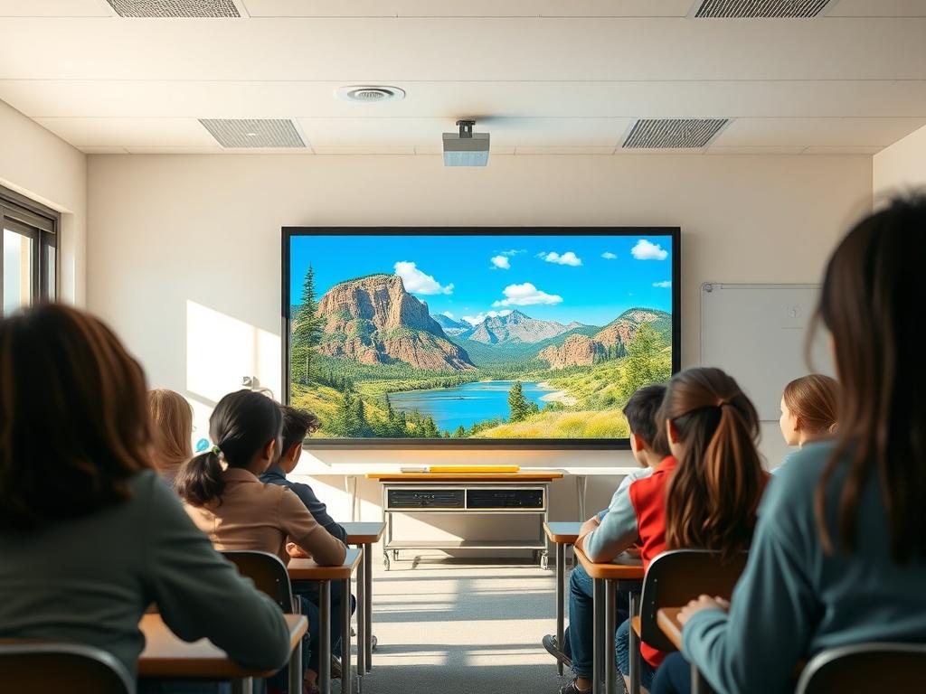 A serene classroom setting with a large screen displaying a