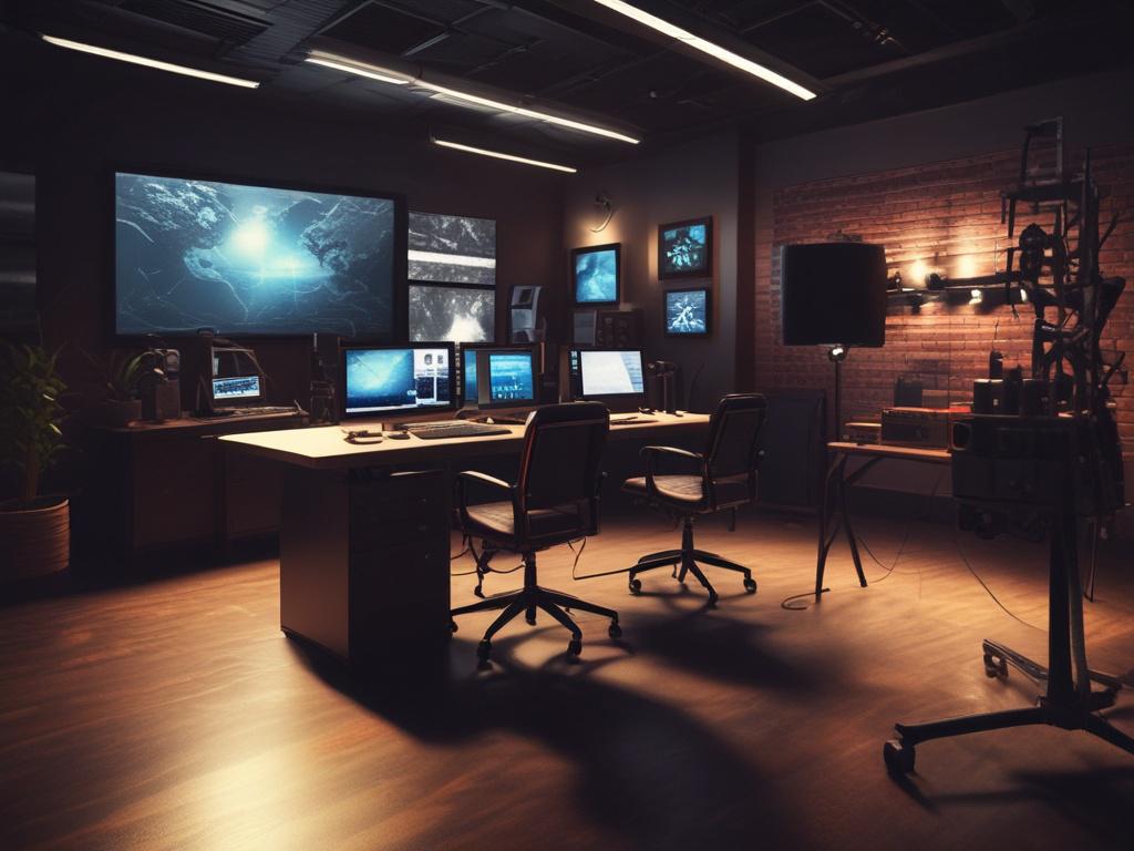 A dimly lit editing studio with a large monitor displaying