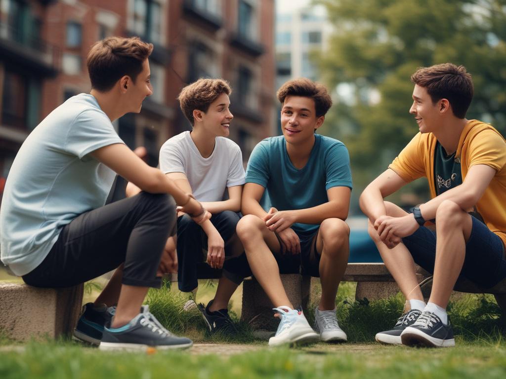 A realistic high-resolution photo of a group of boys and people sitting together outdoors, engaged in a lively discussion about travel plans and stories. The composition is simple and clear, focusing on the close-up of the group, captured with a 45mm f/1.2 lens style. The background is softly blurred to highlight the expressions and interaction of the group. The color scheme includes accents compatible with rgb(50, 170, 39) as the primary color, adding a fresh and natural vibe to the scene.