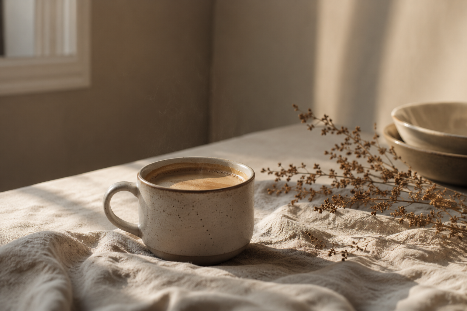Warm morning light in minimalist bedroom with coffee
