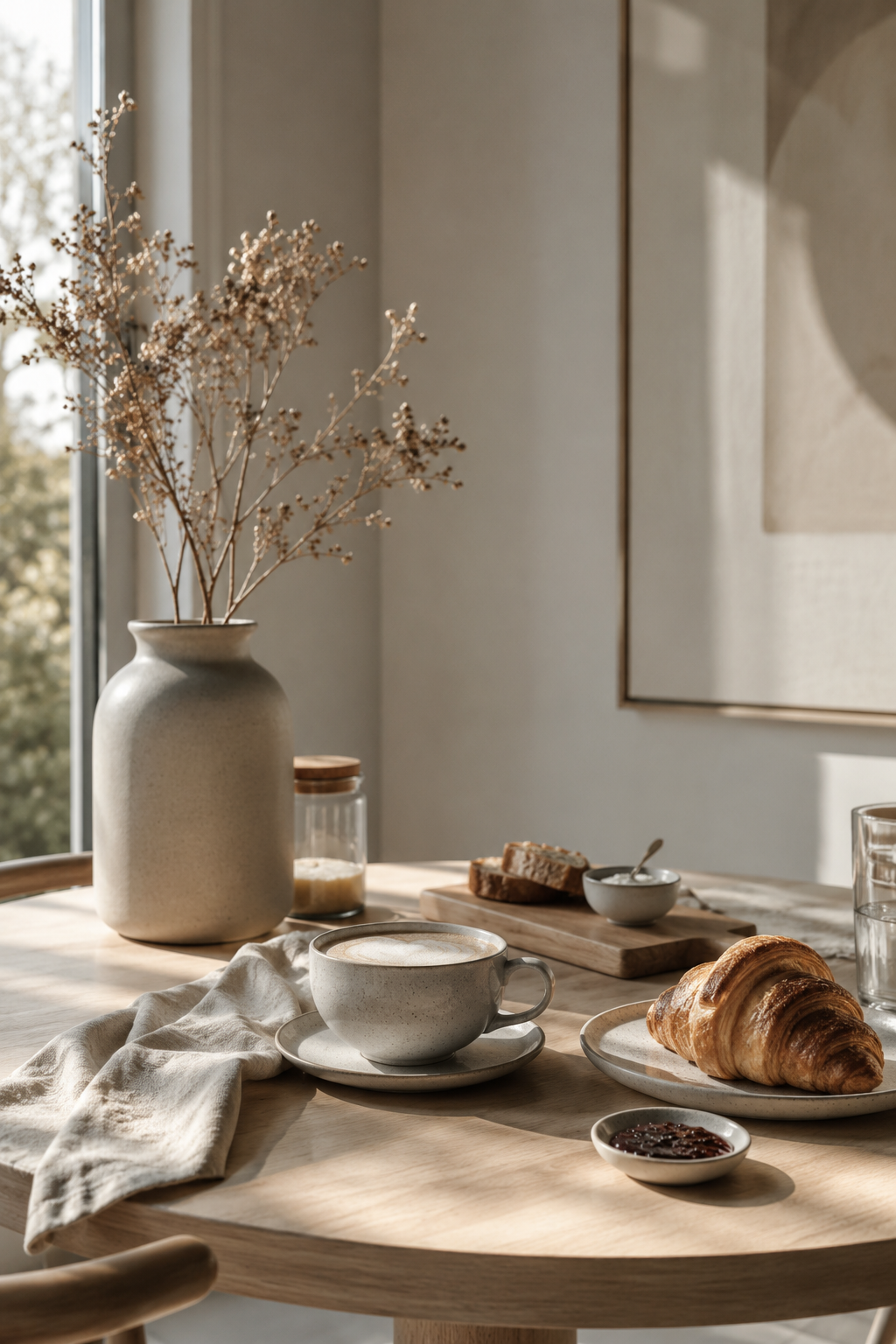 Morning coffee and bread with natural textures