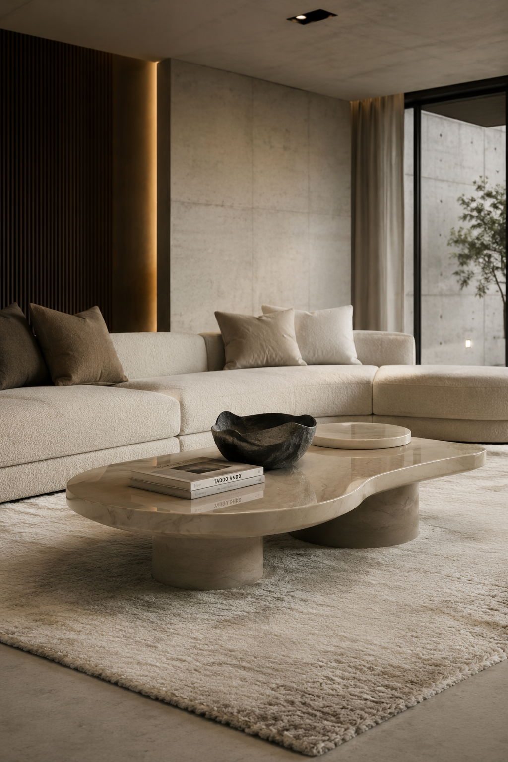 Luxuriöses Wohnzimmer mit curved Sofa, Travertin Couchtisch und indirekter Beleuchtung